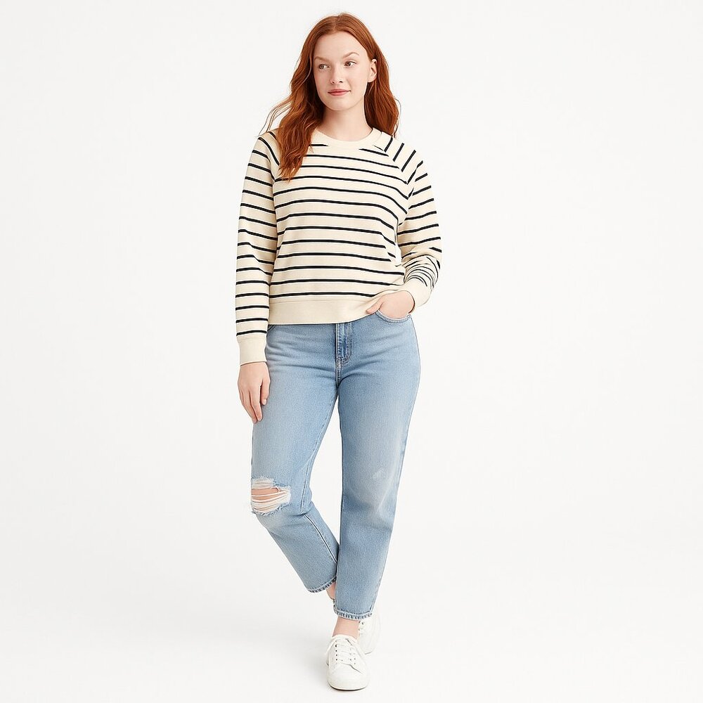 Madewell Luxe Raglan Striped Sweatshirt Women’s XL Cream Navy Pullover Coastal